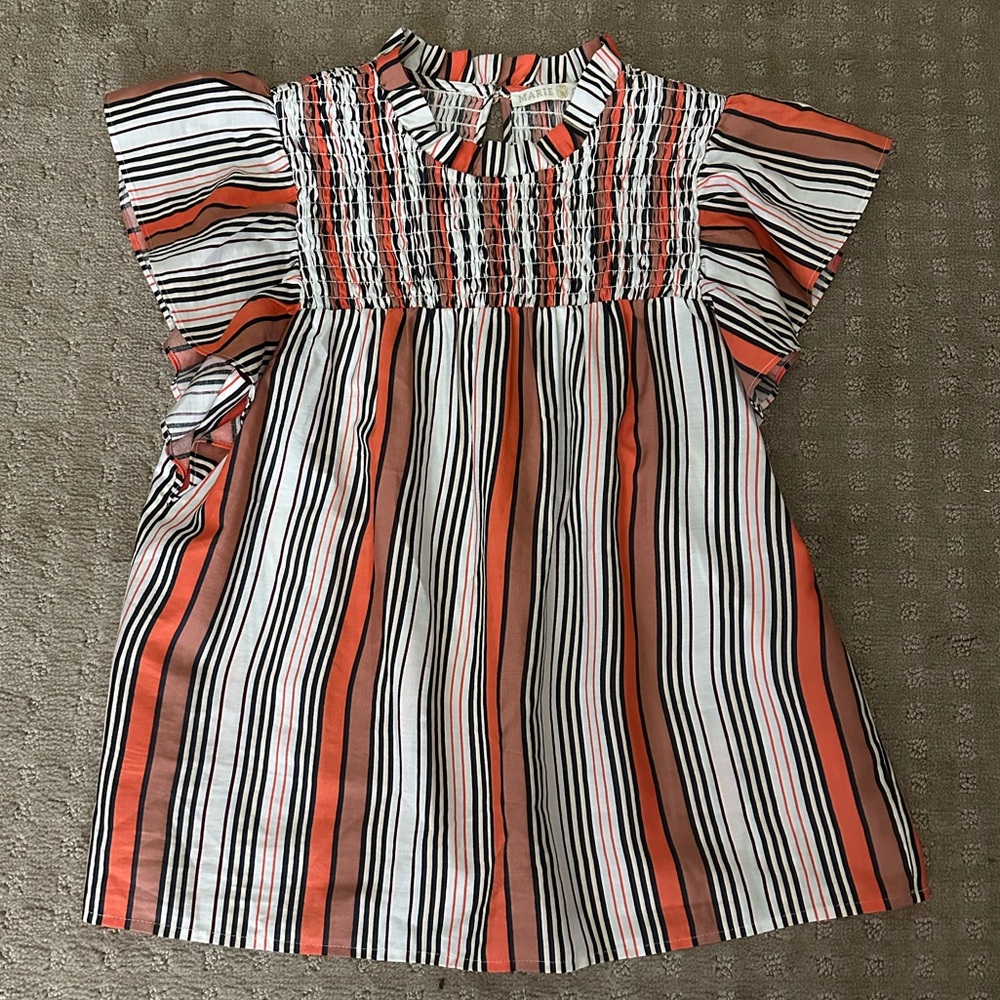 Marie Oliver Women’s Small Smocked Black Orange & White Stripe Top
